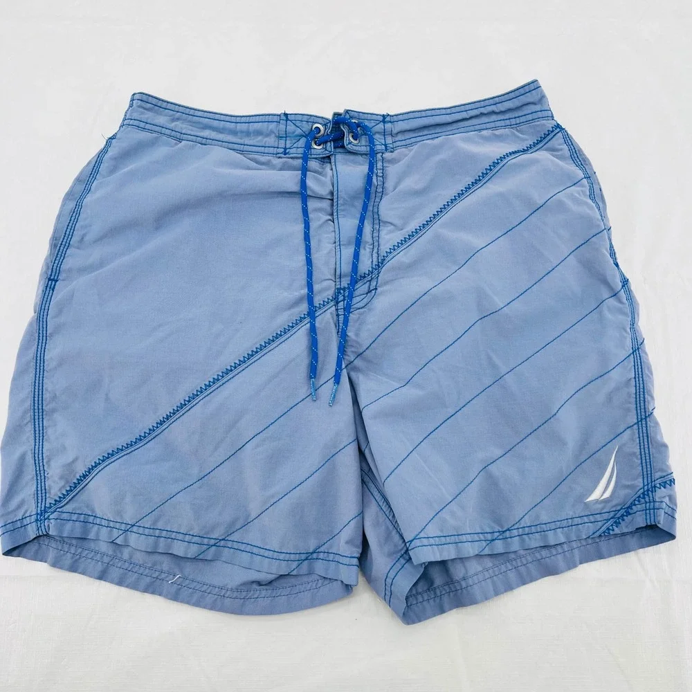 Nautica Mens Blue Stitched Stripe Swim‎ Trunks Shorts Vintage Large
